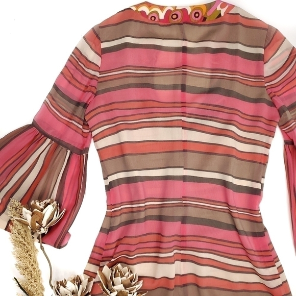 Trina Turk Sheer Pink Bell Sleeve Striped Boho Dress 2 - Picture 3 of 16
